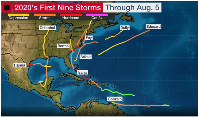 2020 First Nine Storms map